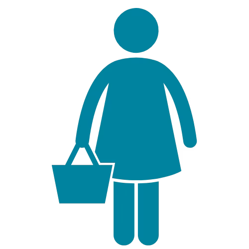 欧州進出に向けた消費者ニーズ調査を表す人物と買い物袋のアイコン